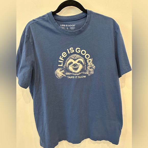 Life is Good Sloth Graphic T-Shirt Blue Large “Take It Slow” Casual Tee - Picture 1 of 3